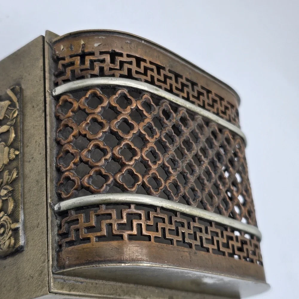 Antique Chinese Brass Jewelry Trinket Box Hinged Vtg Unique